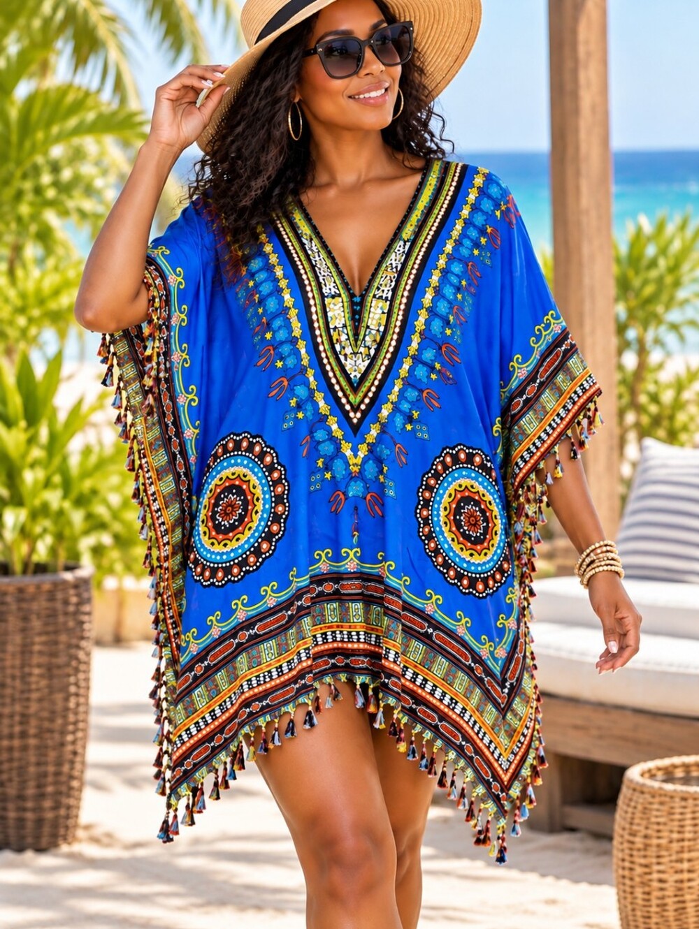 ShuShi Blue Dashiki Kaftan Swim Cover Up Silver Sequins Boho Tunic -O